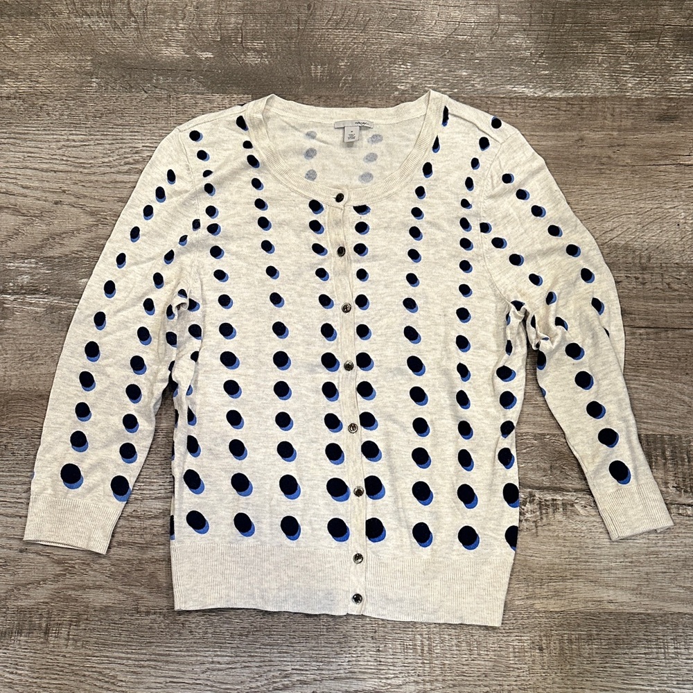 Halogen Lightweight Women's Medium Beige‎ and Navy Dot Cardigan